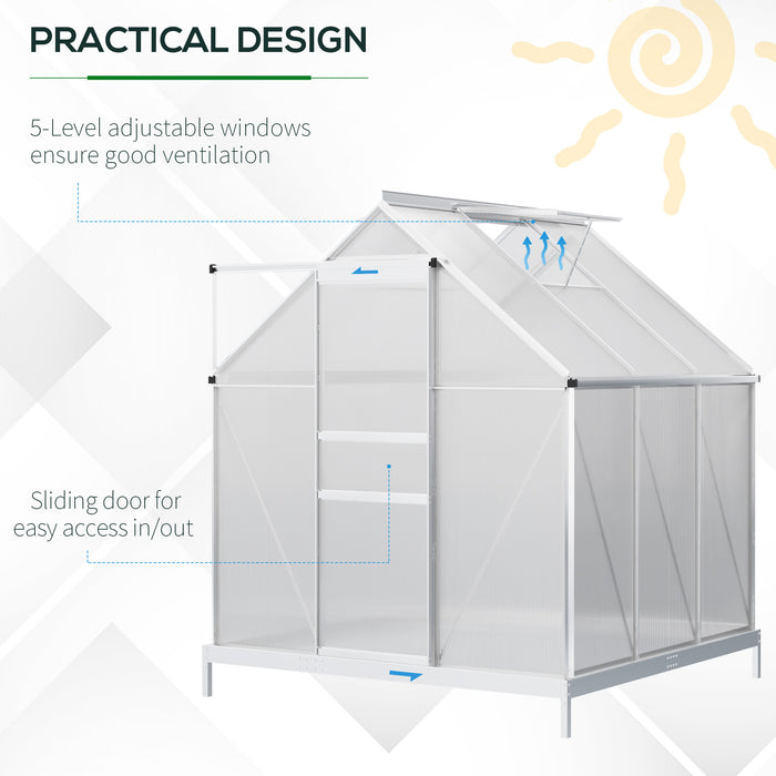 6'x6' Greenhouse with Polycarbonate, Heavy-Duty Greenhouse w/Adjustable Roof Vent, Rain Gutter and Sliding Door, Silver