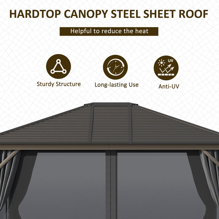 Alfresco Aluminum Haven: 10'x12' Hardtop Gazebo with Dark Grey Frame, Curtain Netting for Gardens