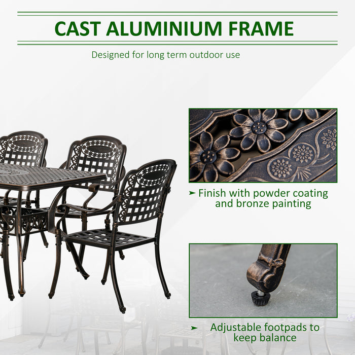 7-Piece Patio Dining Set, Cast Aluminum Outdoor Furniture Set with 6 Armchairs, 1 Table and Umbrella Hole, Bronze