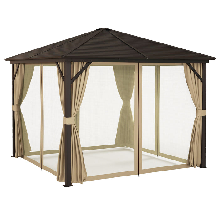 10' x 10' Hardtop Gazebo Canopy w/ Galvanized Steel Roof, Aluminum Frame, Outdoor Gazebo w/ Hook, Netting & Curtains for Patio, Garden, Brown