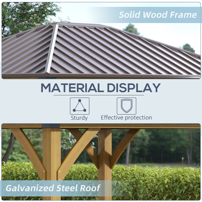 10x12 Galvanized Steel Gazebo with Wooden Frame, Permanent Metal Roof Gazebo Canopy for Garden, Patio, Backyard, Brown