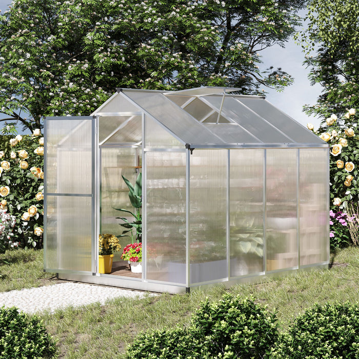 8' L x 6' W Walk-In Polycarbonate Greenhouse with Roof Vent for Ventilation & Rain Gutter, Hobby Greenhouse for Winter