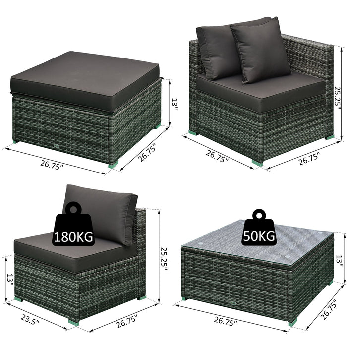 6PC Outdoor Rattan Sofa Set Charcoal Cushions Wicker Sectional Patio Furniture with Ottoman & Coffee Table