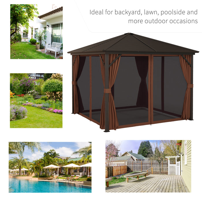 10' x 10' Hardtop Gazebo Canopy, Permanent Pavilion with Hook, Curtains, Aluminum Frame for Patio, Garden, Dark Brown