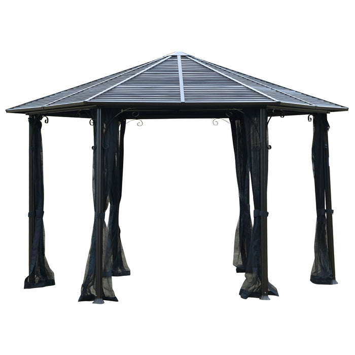 13' x 13' Steel Hexagonal Gazebo Canopy Heavy Duty Outdoor Pavilion with Aluminum Alloy Frame, Netting Sidewalls, Black