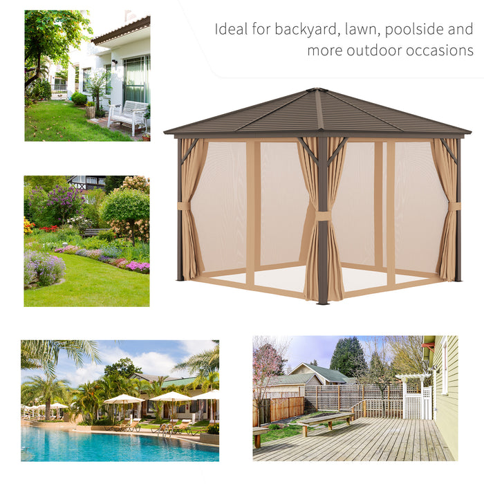 10x10 Hardtop Gazebo with Aluminum Frame, Permanent Metal Roof Gazebo Canopy with Curtains and Netting for Garden, Light Brown