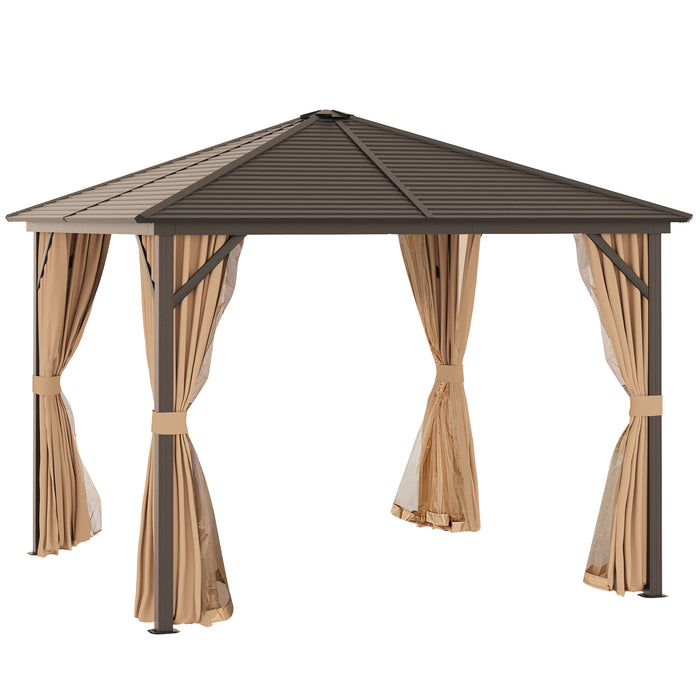 10x10 Hardtop Gazebo with Aluminum Frame, Permanent Metal Roof Gazebo Canopy with Curtains and Netting for Garden, Light Brown