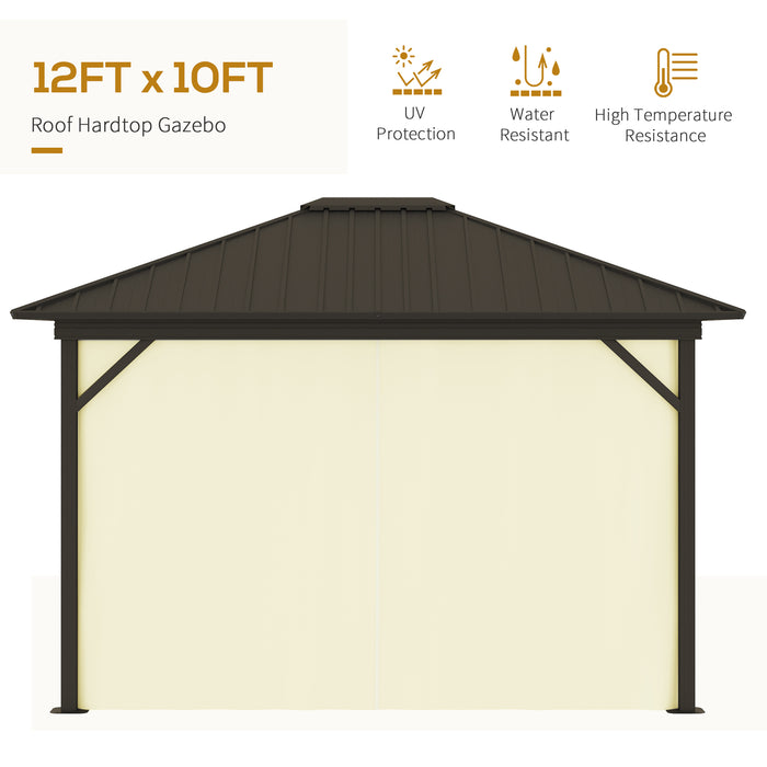 Cream Hardtop Gazebo: 11.9'x9.8' Metal Roof Canopy with Curtains & Netting Top