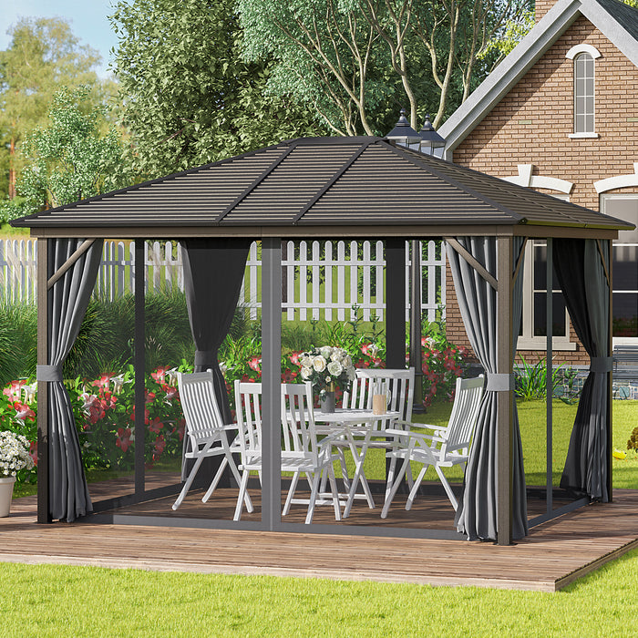 Alfresco Aluminum Haven: 10'x12' Hardtop Gazebo with Dark Grey Frame, Curtain Netting for Gardens