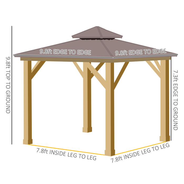 10' x 10' Hardtop Gazebo Canopy Patio Shelter Outdoor with Solid Wood Frame, Steel Double Tier Roof, Brown